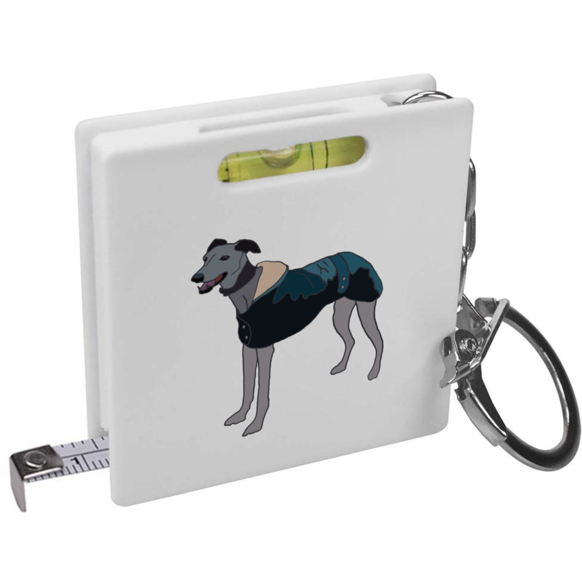 'Greyhound With coat ' Keyring Tape Measure / Spirit Level Tool (KM00030702)