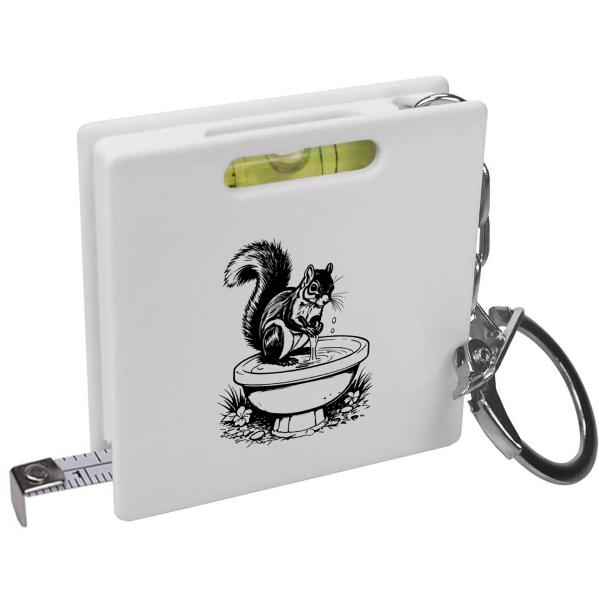 'Squirrel Investigating A Bird Bath' Keyring Tape Measure / Spirit Level Tool (KM00035556)