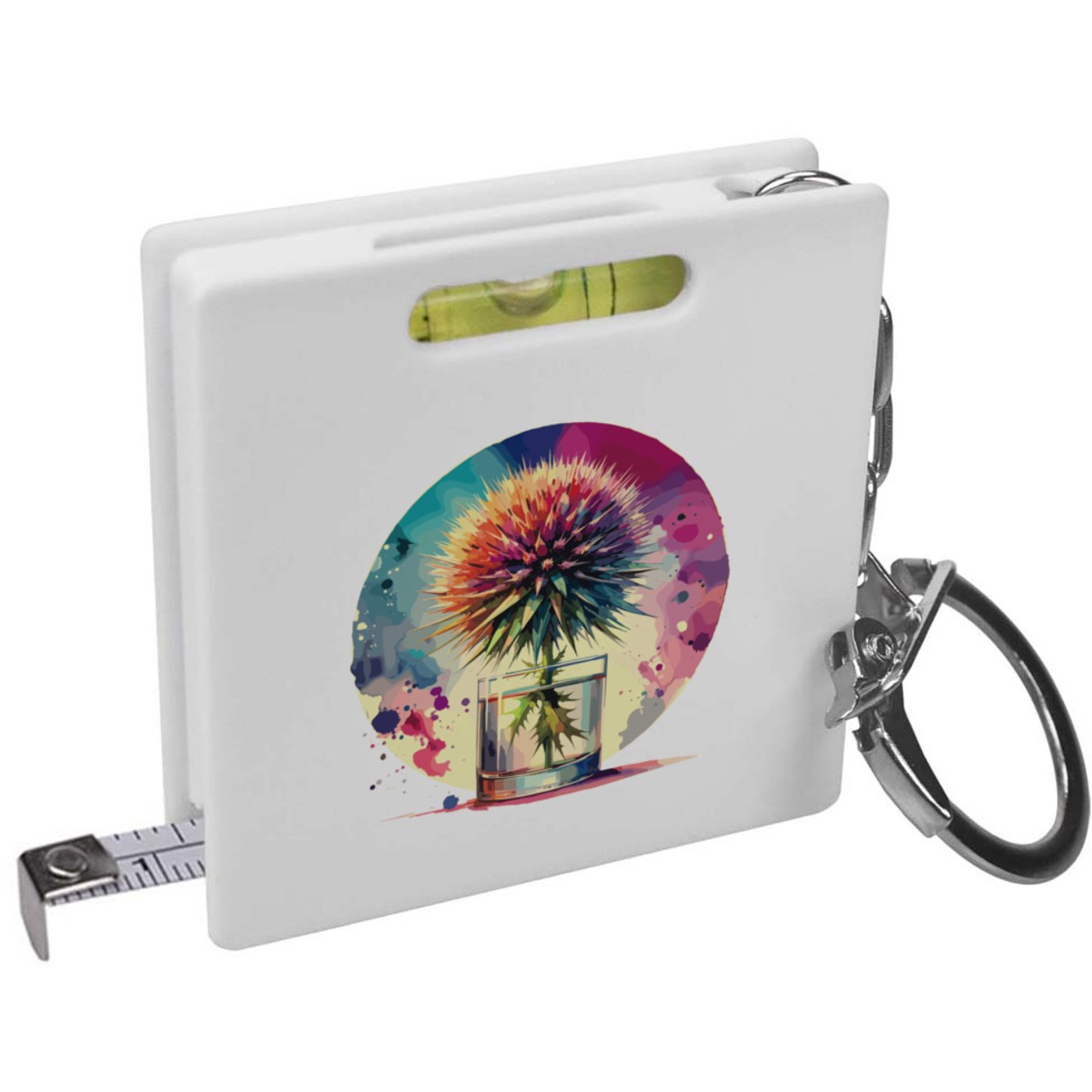 'Thistle Flower in a Whisky Glass' Keyring Tape Measure / Spirit Level Tool (KM00037623)