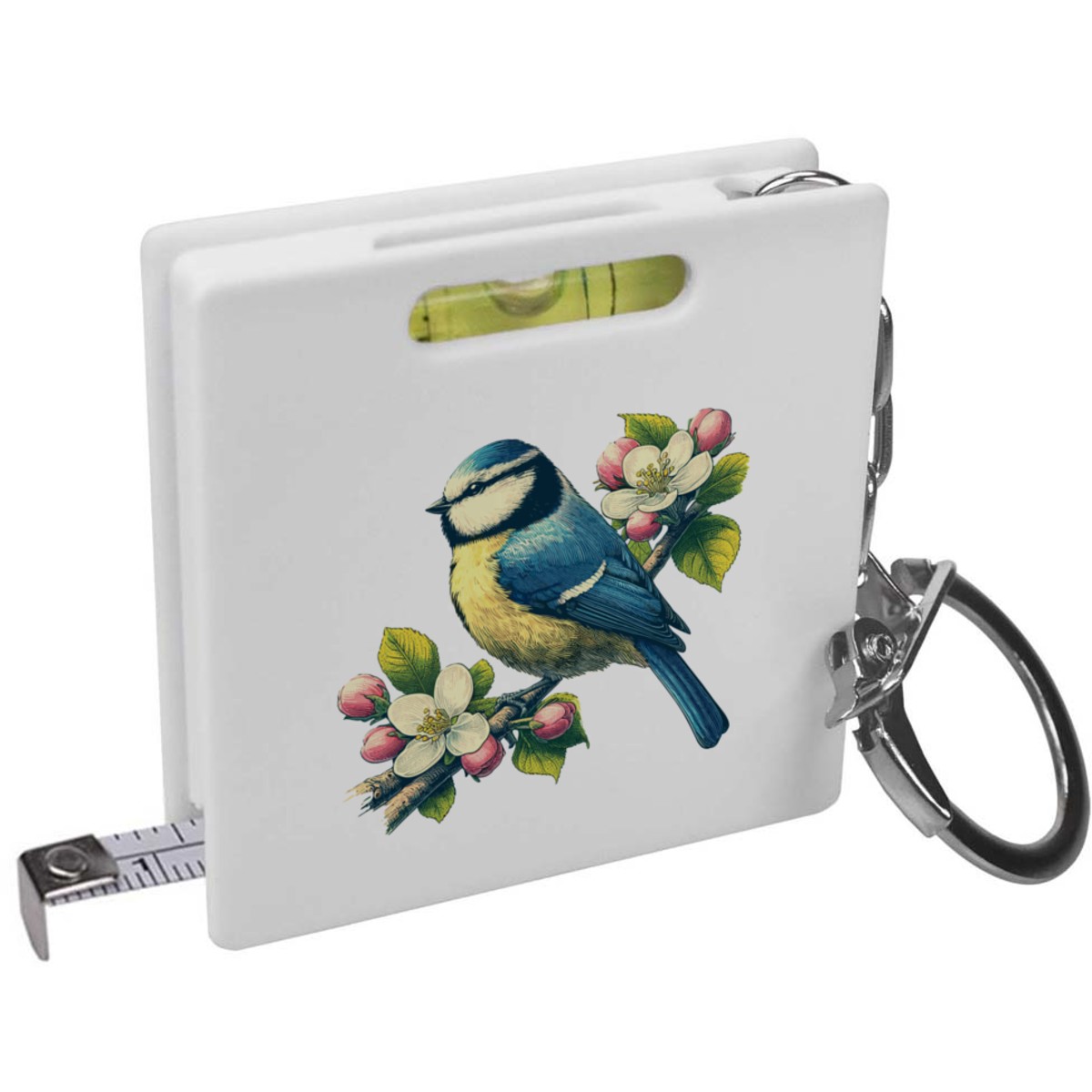 'Blue Tit On Apple Blossom' Keyring Tape Measure / Spirit Level Tool (KM00039431)