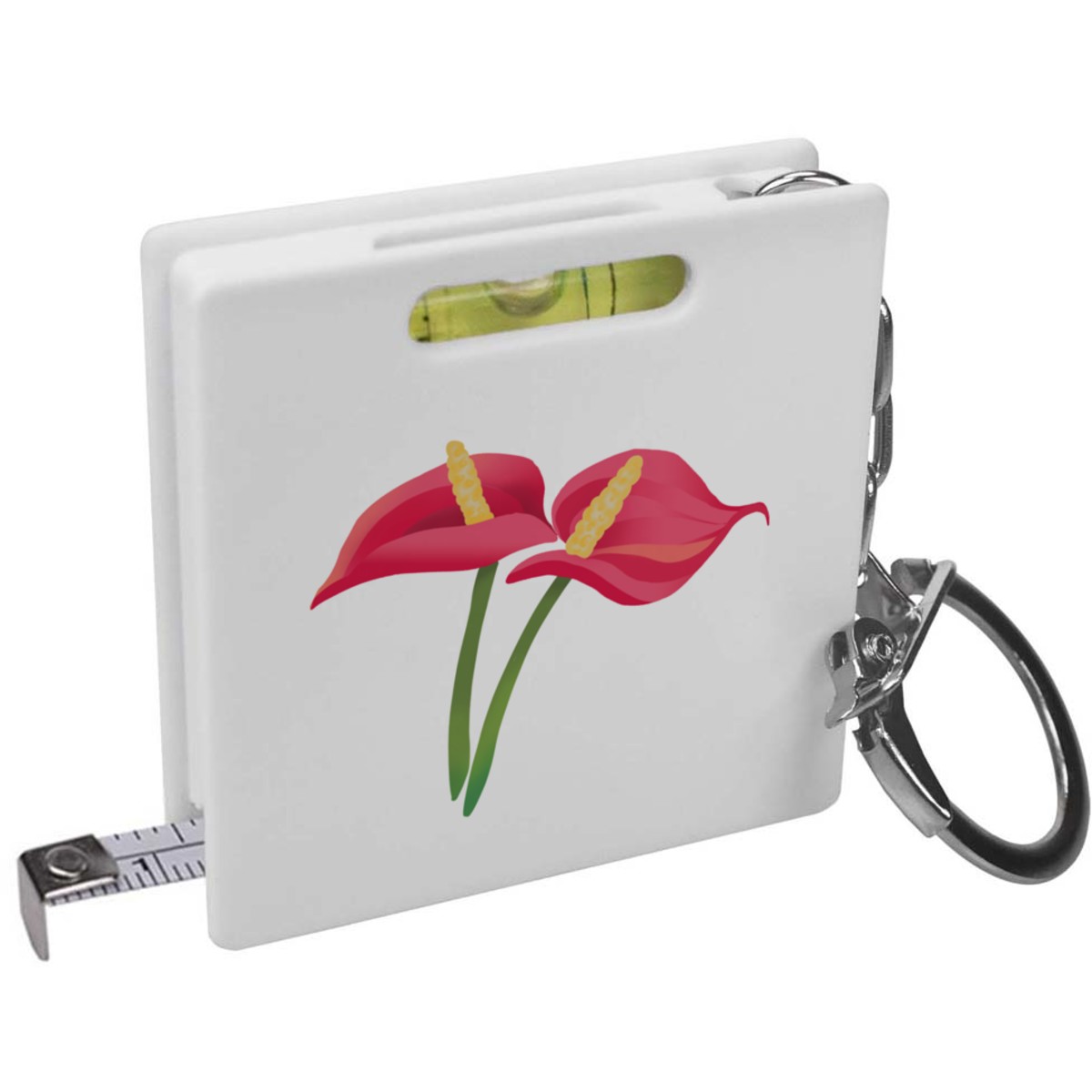 'Red Anthurium Tropical Flower' Keyring Tape Measure / Spirit Level Tool (KM00040913)