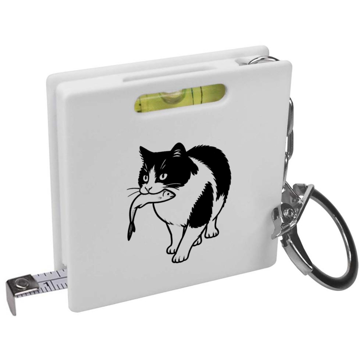 'Cat with Fish' Keyring Tape Measure / Spirit Level Tool (KM00047268)