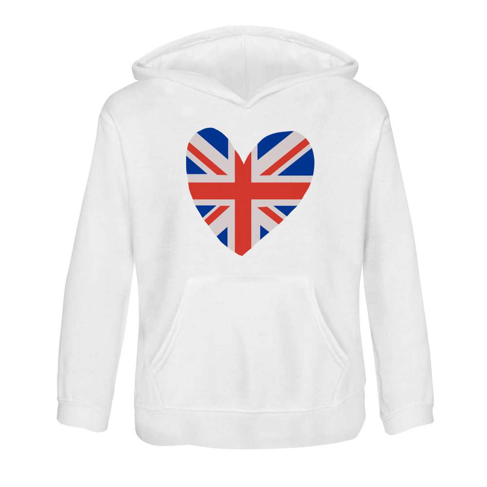'Union Jack Heart' Kids Hoodie - White, 12-13 Years - Childrens Hooded Sweatshirt / Jumper for School, Sports and Outdoors (KO00121200)