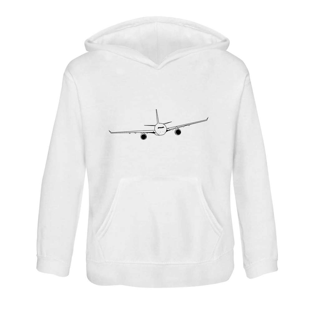 'Incoming Airplane' Kids Hoodie - White, 7-8 Years - Commercial Airliner Head-On View Line - Childrens Hooded Sweatshirt / Jumper for School, Sports and Outdoors (KO00002534)
