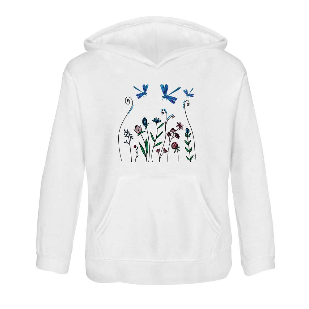 'Dragonflies & Wildflowers' Kids Hoodie - White, 7-8 Years - Childrens Hooded Sweatshirt / Jumper for School, Sports and Outdoors (KO00135462)