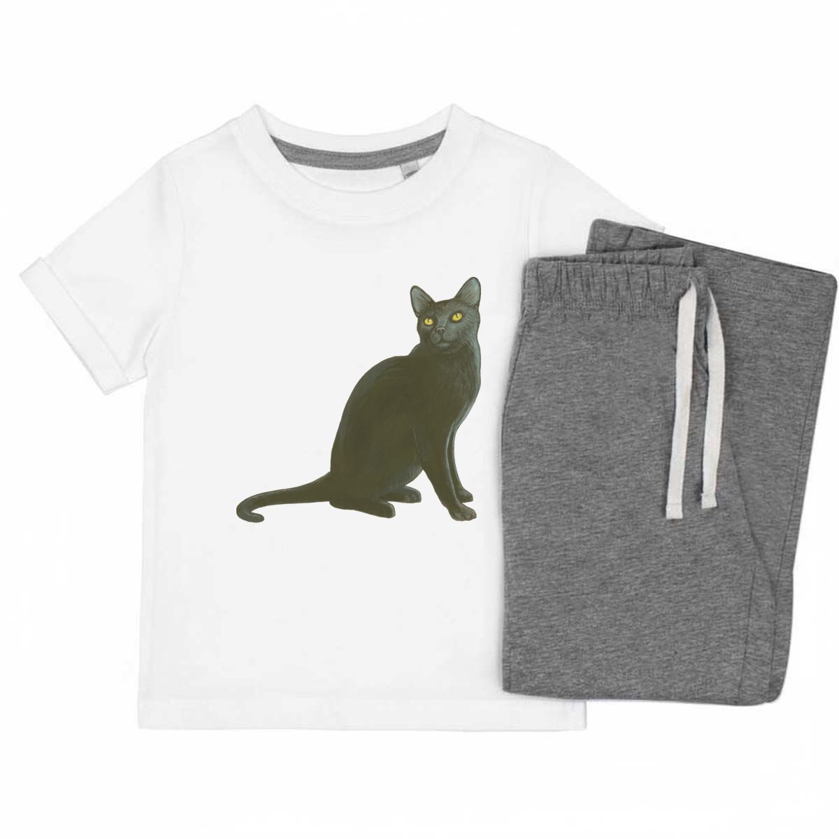 'Sitting Black Cat' Kids Cotton Pyjama Set – Comfortable Children's Nightwear, Sleepwear and Loungewear -  Unisex for Boys and Girls - Grey, 11-13 Years (KP00093044)