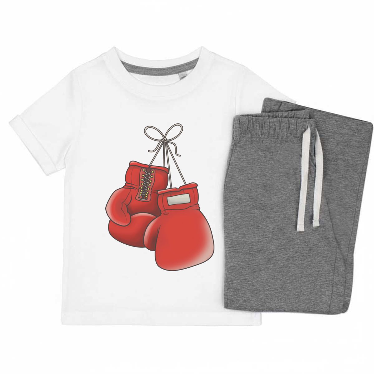 'Boxing Gloves' Kids Cotton Pyjama Set – Comfortable Children's Nightwear, Sleepwear and Loungewear - Red Fight Sports Gear Hanging - Unisex for Boys and Girls - Grey, 11-13 Years 