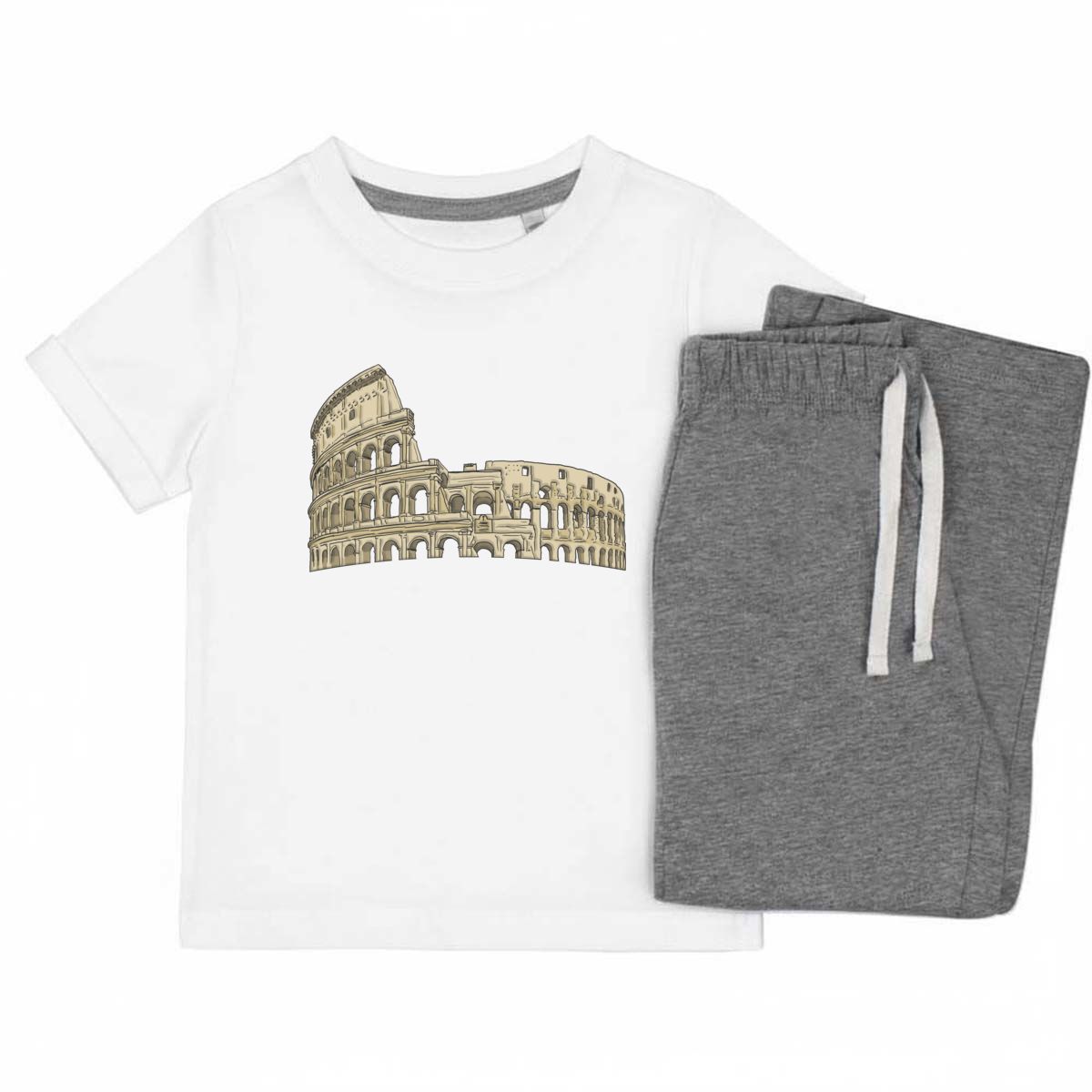 'Roman Colosseum' Kids Cotton Pyjama Set – Comfortable Children's Nightwear, Sleepwear and Loungewear -  Unisex for Boys and Girls - Grey, 11-13 Years (KP00098251)