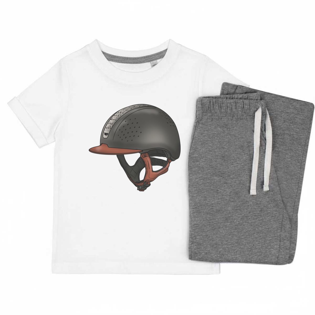 'Horse Riding Helmet' Kids Cotton Pyjama Set – Comfortable Children's Nightwear, Sleepwear and Loungewear -  Unisex for Boys and Girls - Grey, 11-13 Years (KP00102151)