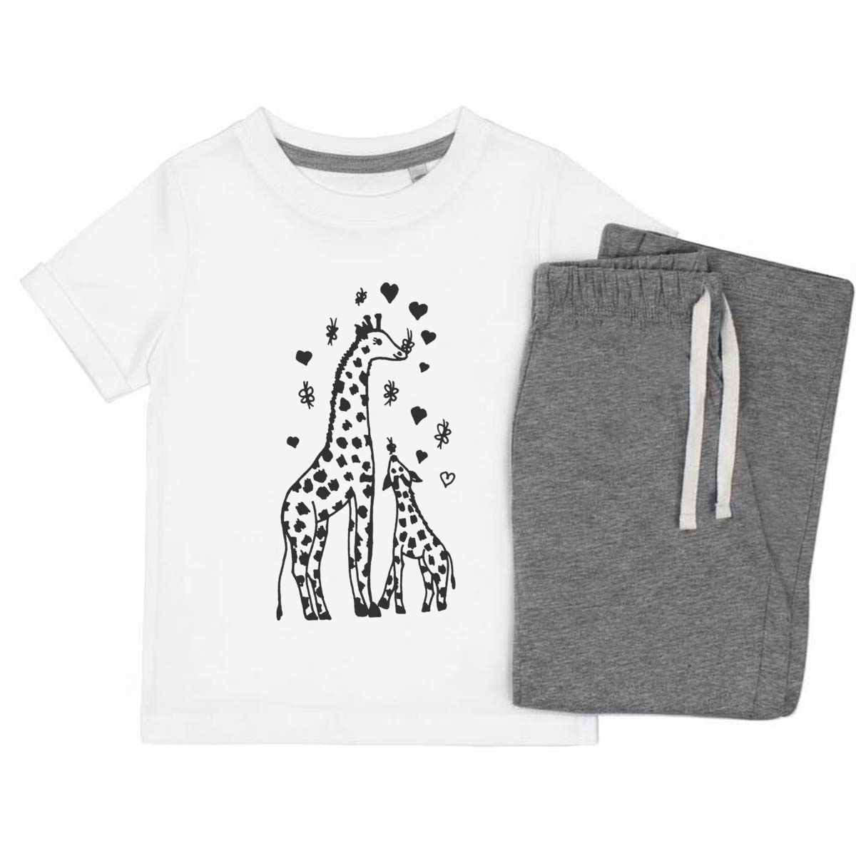 'Giraffe Mother & Calf' Kids Cotton Pyjama Set – Comfortable Children's Nightwear, Sleepwear and Loungewear -  Unisex for Boys and Girls - Grey, 11-13 Years (KP00117588)