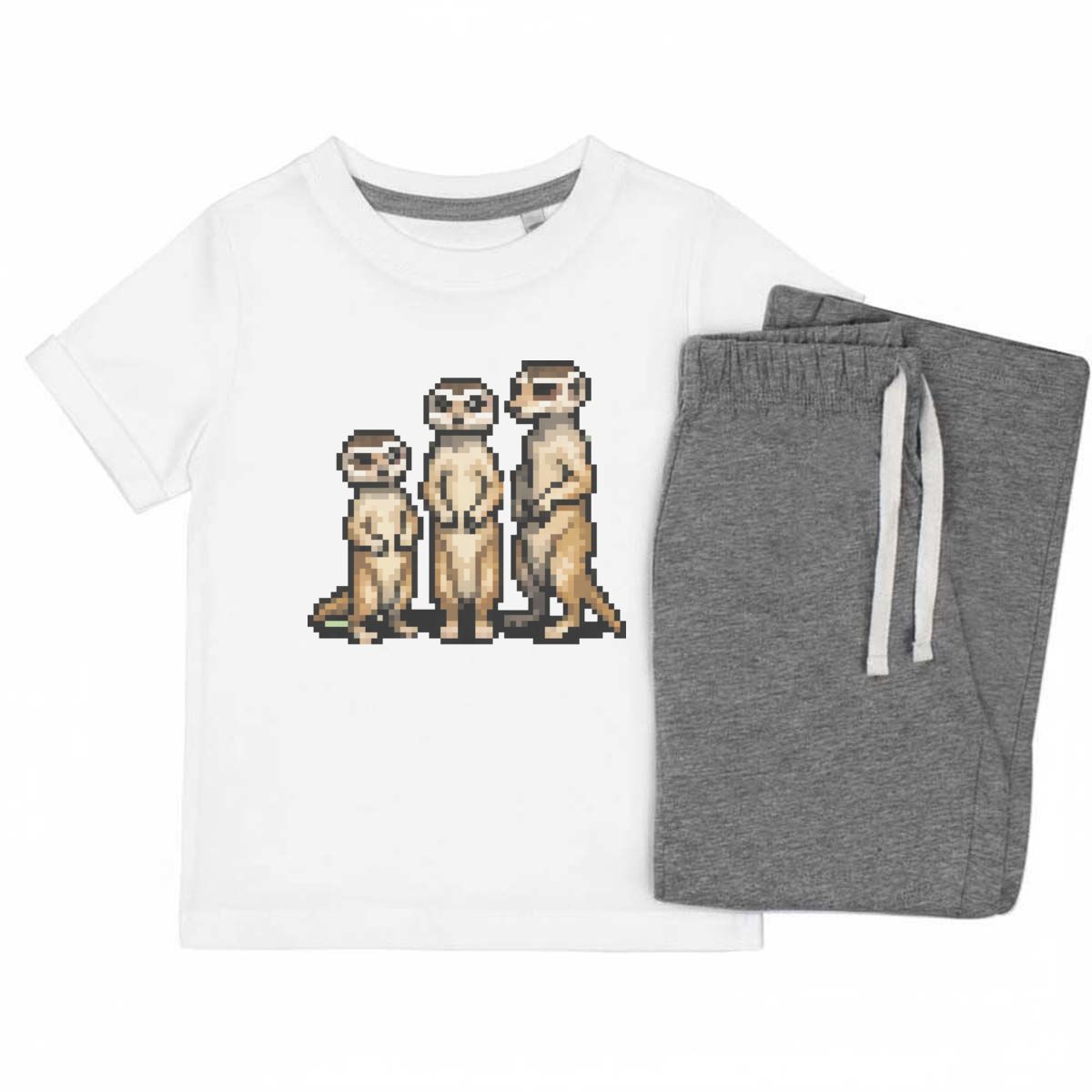'Pixel Art Meerkat Family' Kids Cotton Pyjama Set – Comfortable Children's Nightwear, Sleepwear and Loungewear -  Unisex for Boys and Girls - Grey, 11-13 Years (KP00164845)