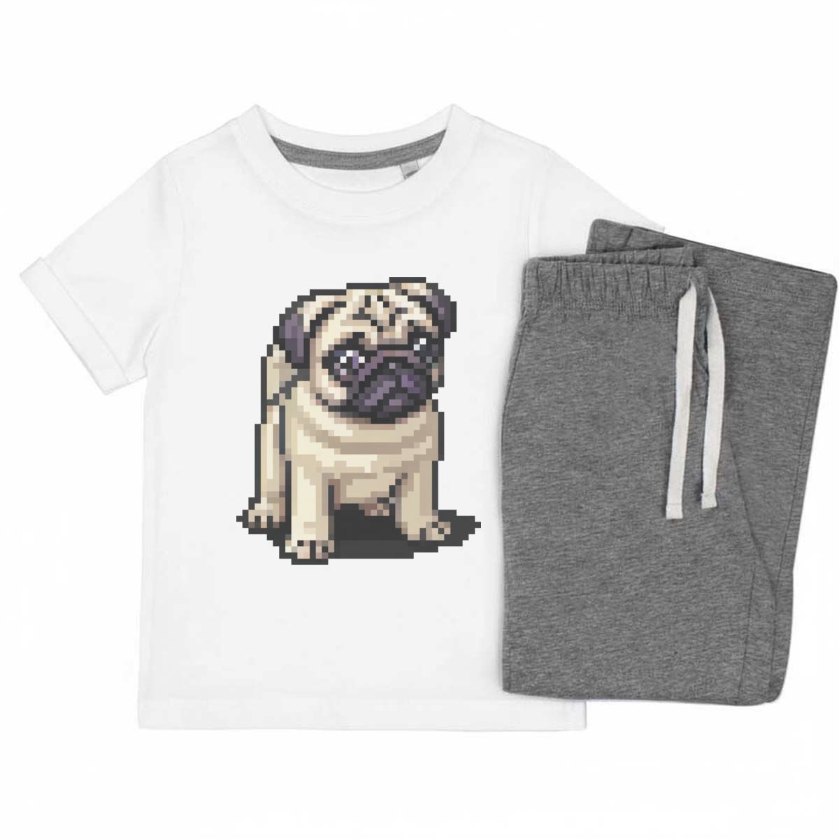 'Pixel Art Pug Puppy' Kids Cotton Pyjama Set – Comfortable Children's Nightwear, Sleepwear and Loungewear -  Unisex for Boys and Girls - Grey, 11-13 Years (KP00165391)