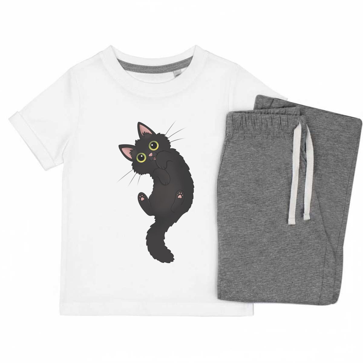 'Rolling Black Cat' Kids Cotton Pyjama Set – Comfortable Children's Nightwear, Sleepwear and Loungewear -  Unisex for Boys and Girls - Grey, 11-13 Years (KP00168143)