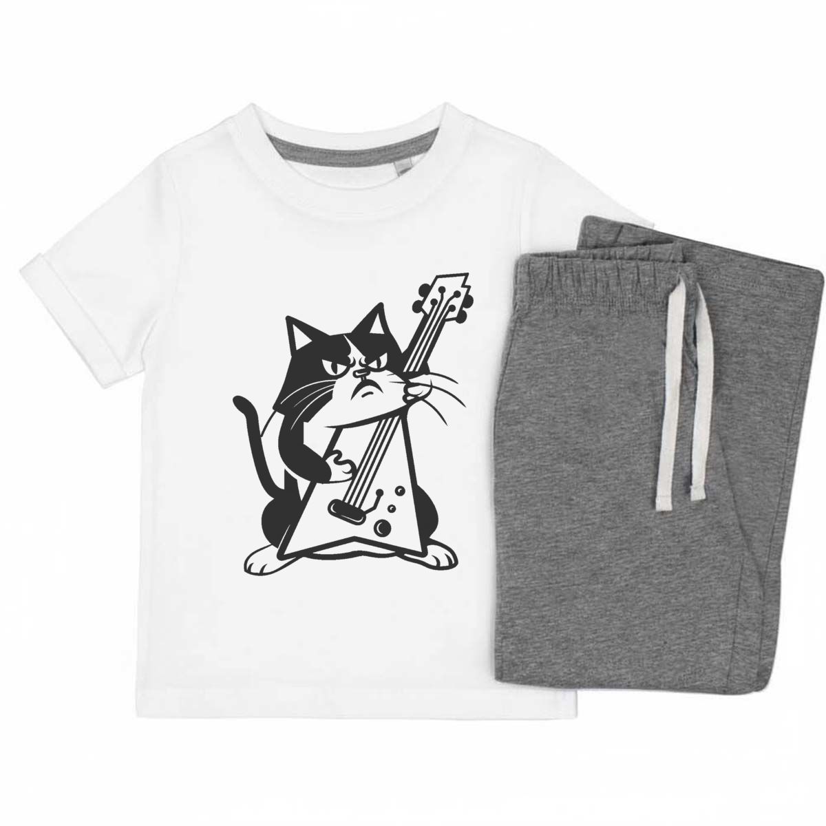 'Mad Cat Playing Electric Guitar' Kids Cotton Pyjama Set – Comfortable Children's Nightwear, Sleepwear and Loungewear -  Unisex for Boys and Girls - Grey, 11-13 Years (KP00168791)