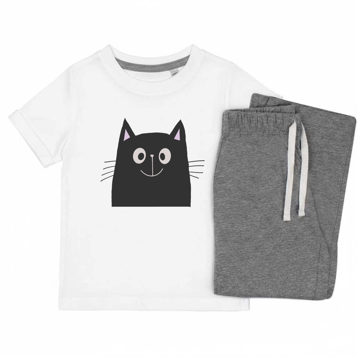 'Happy Black Cat' Kids Cotton Pyjama Set - Grey, 11-13 Years - Children's Nightwear / Sleepwear for Boys and Girls (KP00168952)