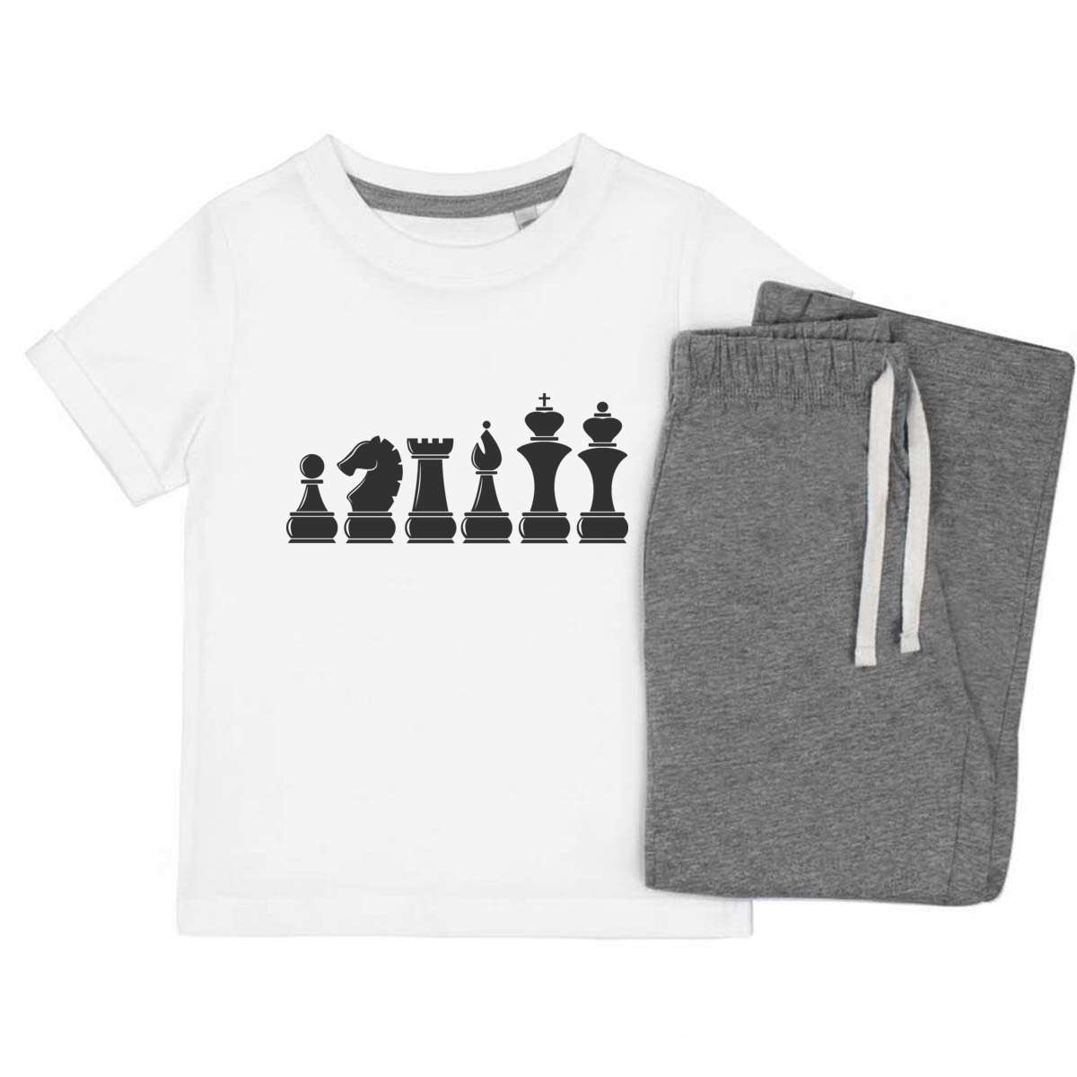'Chess Pieces' Kids Cotton Pyjama Set – Comfortable Children's Nightwear, Sleepwear and Loungewear -  Unisex for Boys and Girls – Grey (KP024739)