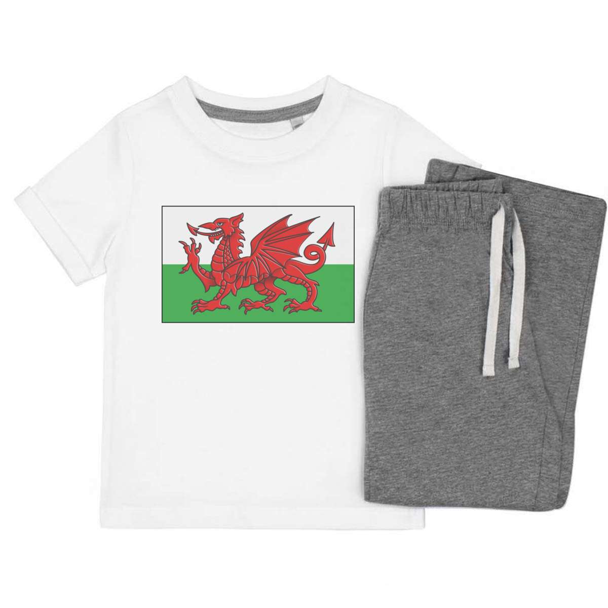 'Welsh Flag' Kids Cotton Pyjama Set – Comfortable Children's Nightwear, Sleepwear and Loungewear - Patriotic Cymru Banner Red Beast - Unisex for Boys and Girls – Grey (KP023174)