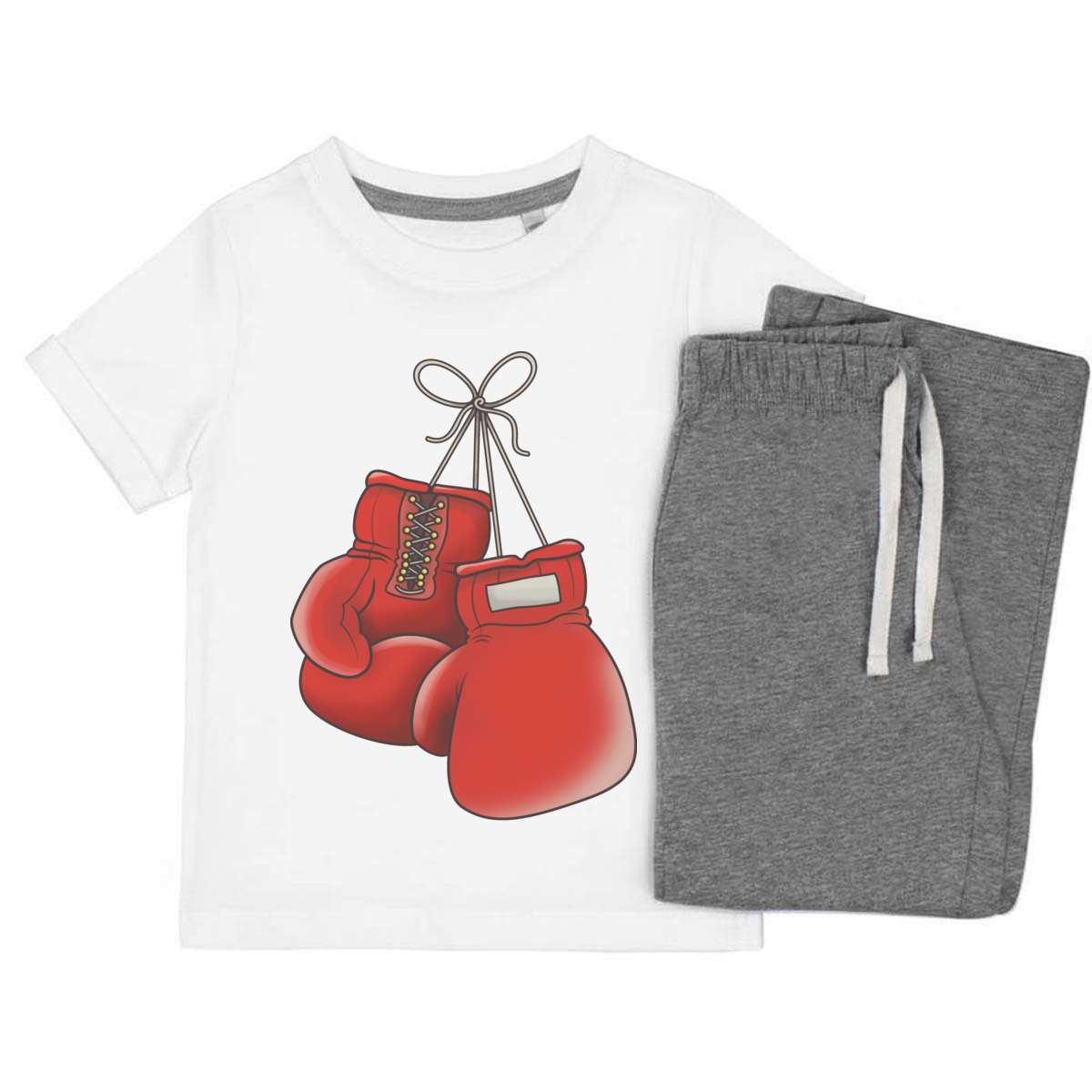'Boxing Gloves' Kids Cotton Pyjama Set – Comfortable Children's Nightwear, Sleepwear and Loungewear - Red Fight Sports Gear Hanging - Unisex for Boys and Girls - Grey, 3-4 Years (K