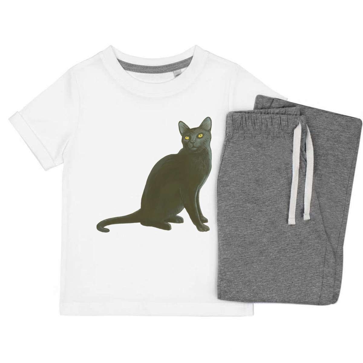 'Sitting Black Cat' Kids Cotton Pyjama Set – Comfortable Children's Nightwear, Sleepwear and Loungewear -  Unisex for Boys and Girls – Grey (KP020847)