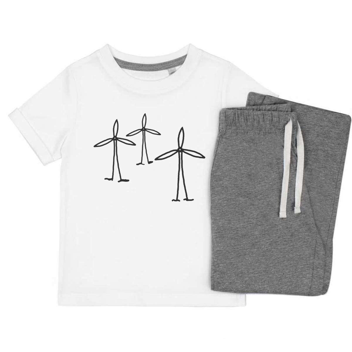 'Wind Turbines' Kids Cotton Pyjama Set – Comfortable Children's Nightwear, Sleepwear and Loungewear -  Unisex for Boys and Girls – Grey (KP026339)