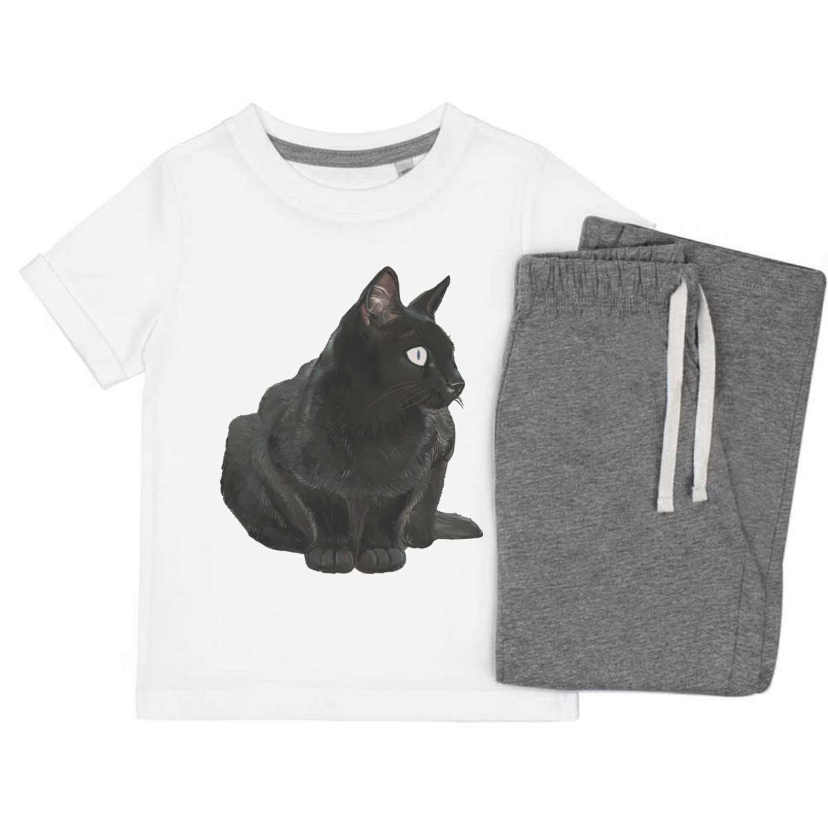 'Sitting Black Cat' Kids Cotton Pyjama Set – Comfortable Children's Nightwear, Sleepwear and Loungewear -  Unisex for Boys and Girls – Grey (KP021873)