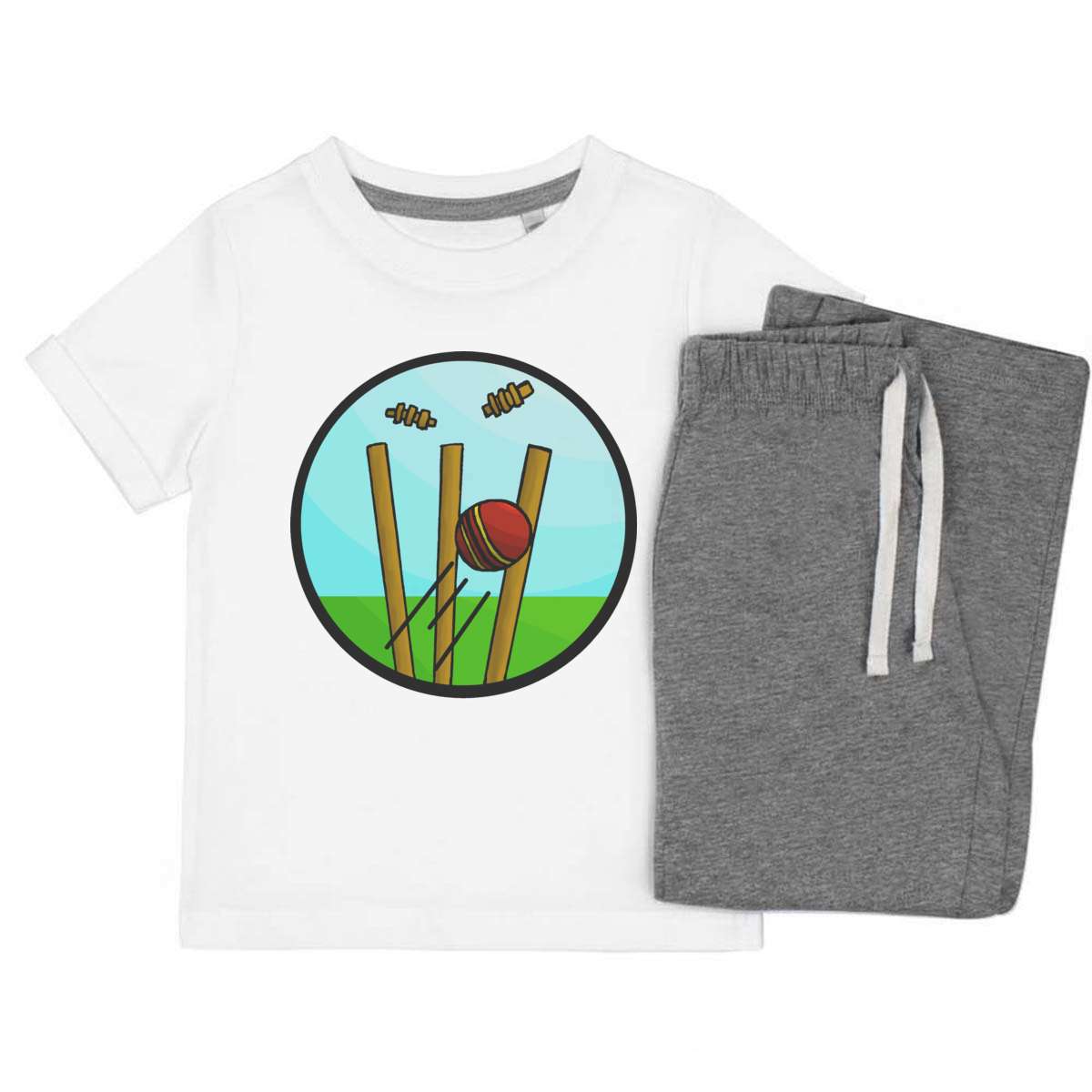 'Cricket Wickets' Kids Cotton Pyjama Set – Comfortable Children's Nightwear, Sleepwear and Loungewear -  Unisex for Boys and Girls – Grey (KP024738)