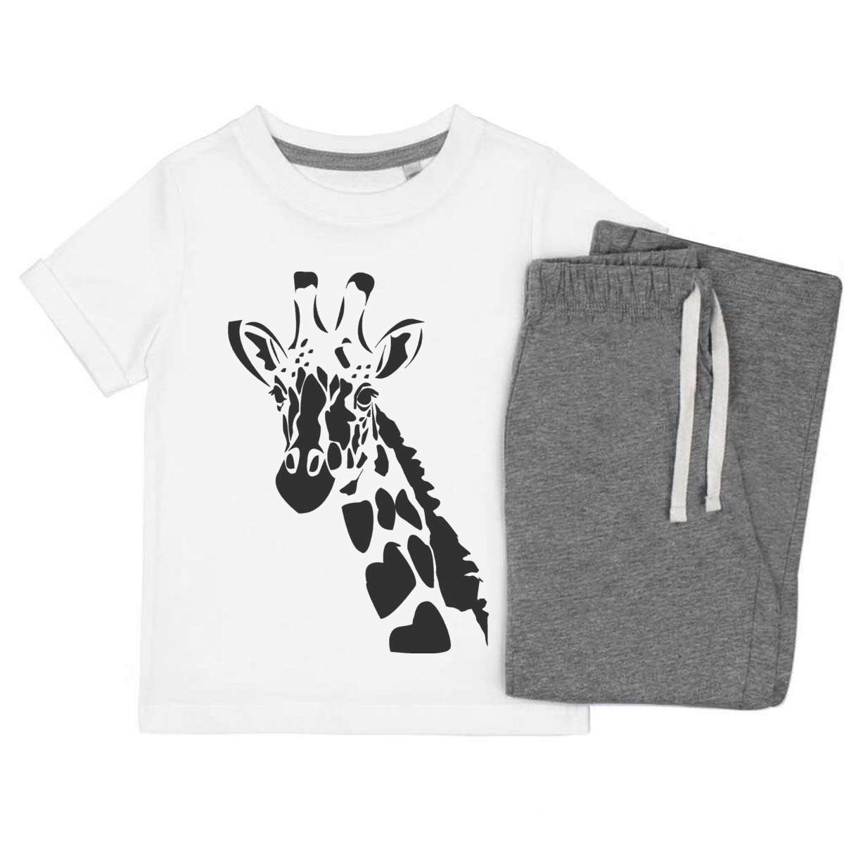 'Giraffe' Kids Cotton Pyjama Set – Comfortable Children's Nightwear, Sleepwear and Loungewear - Tall Safari Animal Silhouette Spots - Unisex for Boys and Girls – Grey (KP000992)