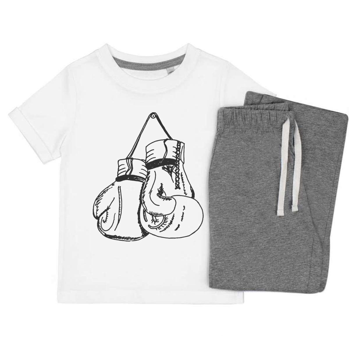 'Hanging Boxing Gloves' Kids Cotton Pyjama Set – Comfortable Children's Nightwear, Sleepwear and Loungewear -  Unisex for Boys and Girls – Grey (KP030140)