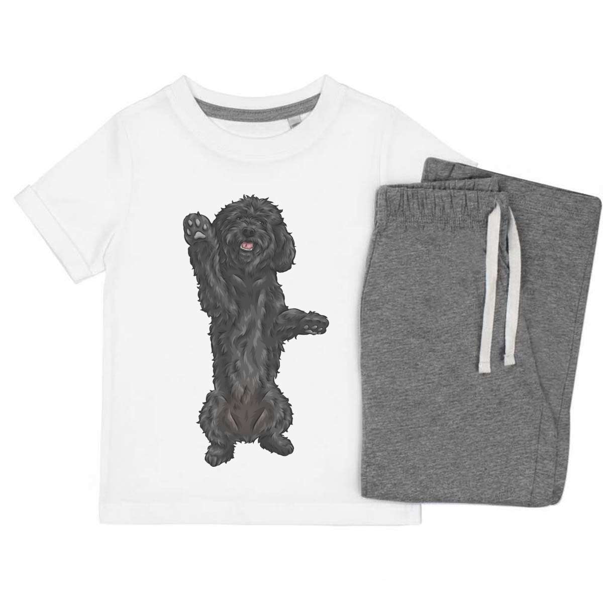 'Black Cockapoo' Kids Cotton Pyjama Set – Comfortable Children's Nightwear, Sleepwear and Loungewear - Black Doodle Dog Begging Pose - Unisex for Boys and Girls – Grey (KP031880)