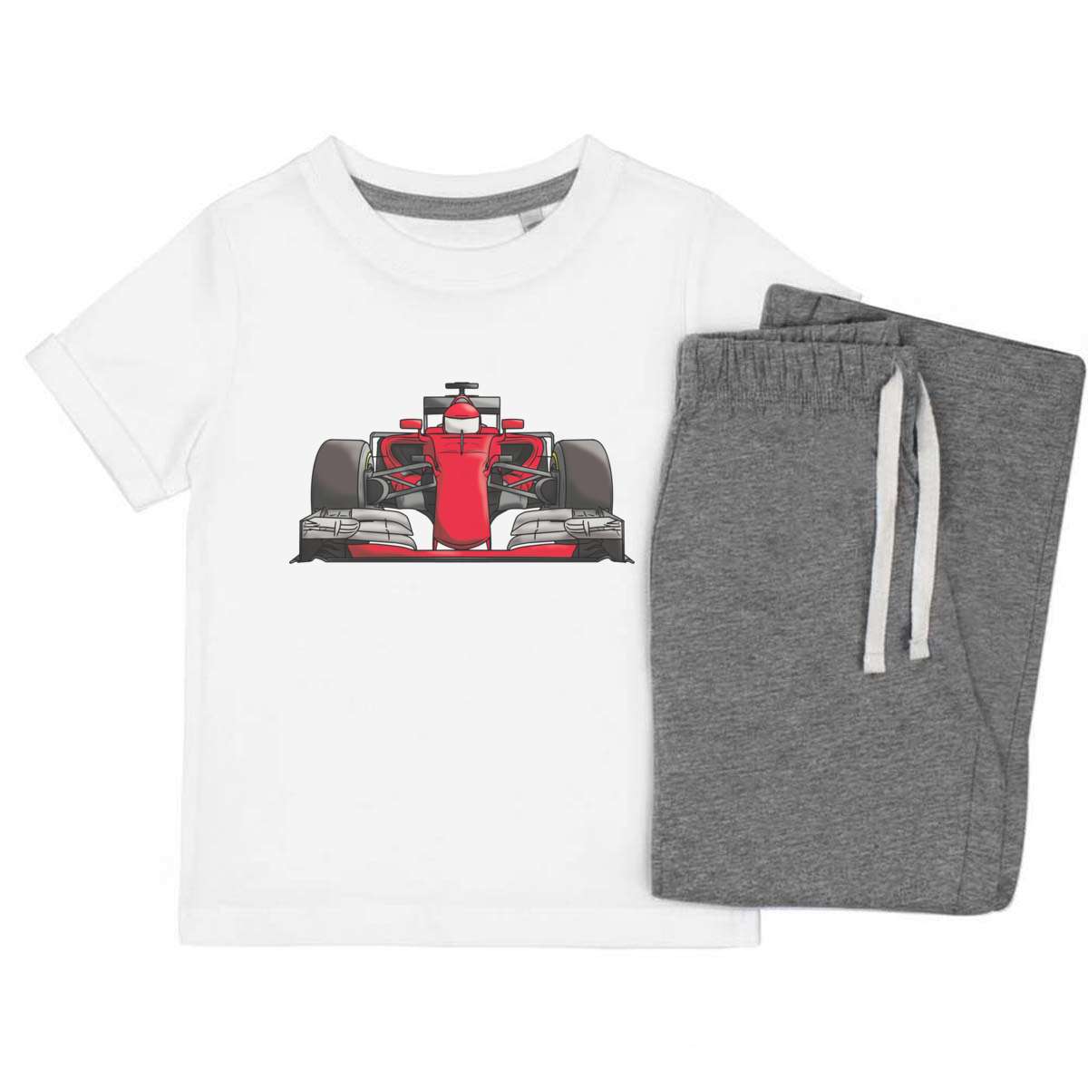 'Red Race Car' Kids Cotton Pyjama Set – Comfortable Children's Nightwear, Sleepwear and Loungewear - High-Speed Racing Vehicle Front View - Unisex for Boys and Girls - Grey, 3-4 Ye