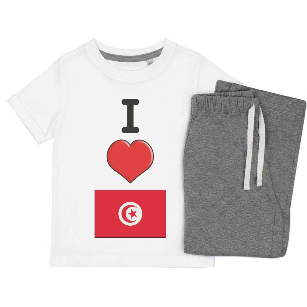 'I Love Tunisia' Kids Cotton Pyjama Set – Comfortable Children's Nightwear, Sleepwear and Loungewear -  Unisex for Boys and Girls – Grey (KP033801)