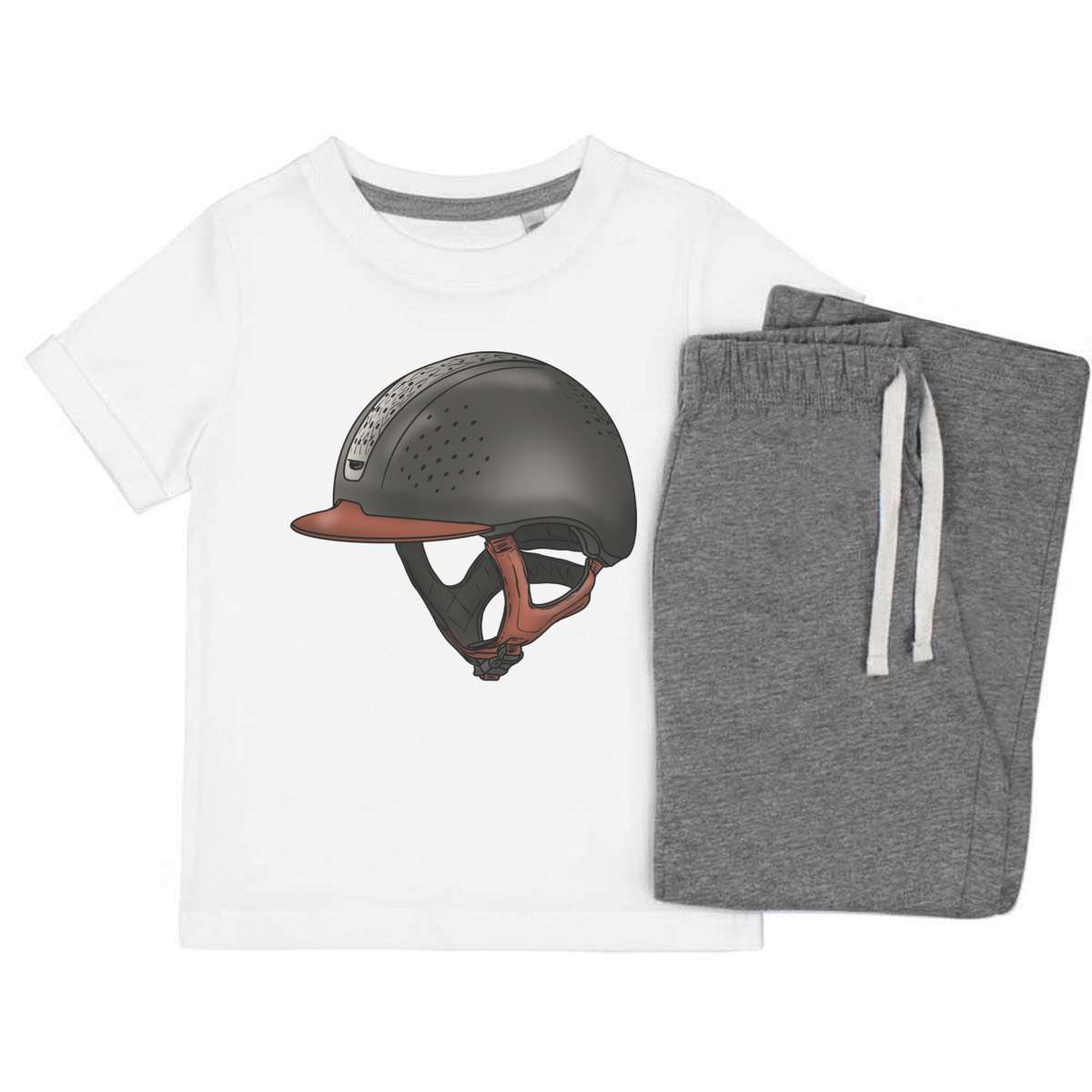 'Horse Riding Helmet' Kids Cotton Pyjama Set – Comfortable Children's Nightwear, Sleepwear and Loungewear -  Unisex for Boys and Girls – Grey (KP035586)