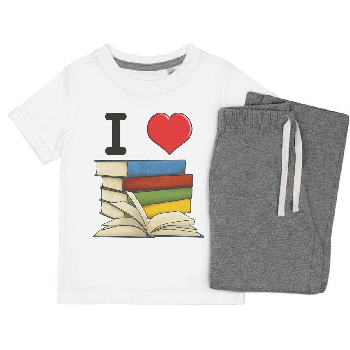 'I Love Books' Kids Cotton Pyjama Set – Comfortable Children's Nightwear, Sleepwear and Loungewear -  Unisex for Boys and Girls – Grey (KP034153)