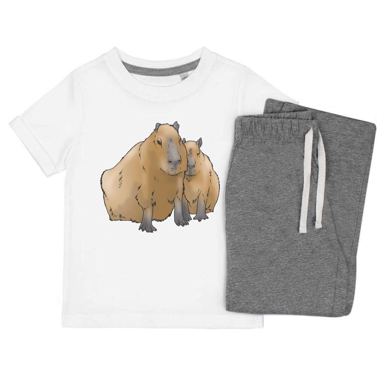 'Cuddling Capybaras' Kids Cotton Pyjama Set – Comfortable Children's Nightwear, Sleepwear and Loungewear -  Unisex for Boys and Girls – Grey (KP037351)