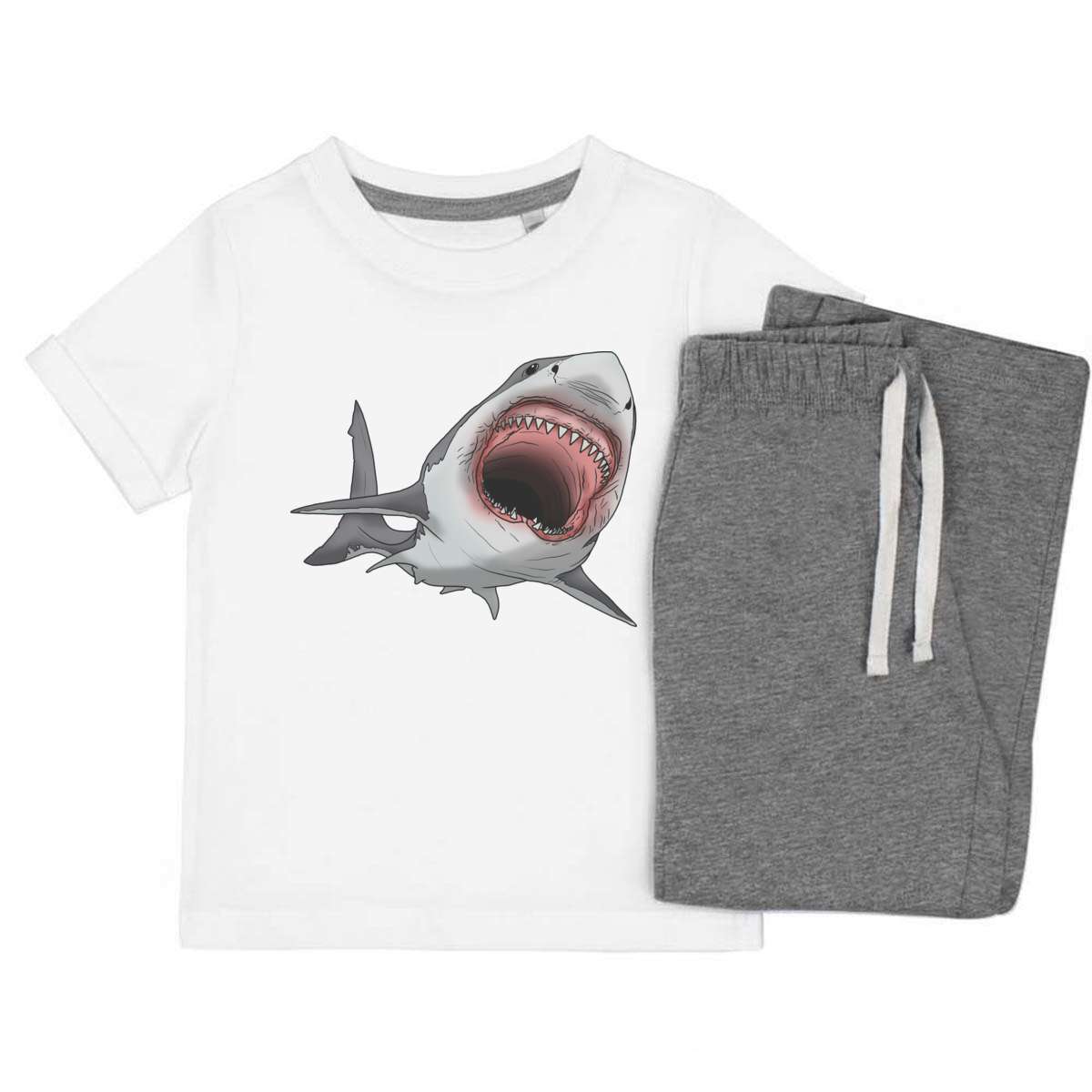 'Great White Shark Bite' Kids Cotton Pyjama Set – Comfortable Children's Nightwear, Sleepwear and Loungewear -  Unisex for Boys and Girls – Grey (KP037934)