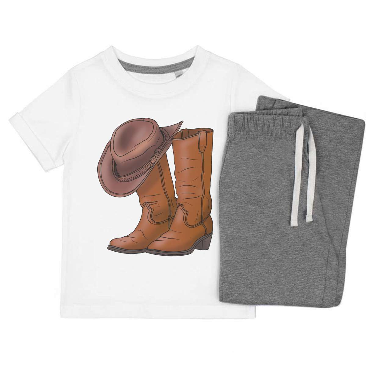 'Cowboy Boots & Hat' Kids Cotton Pyjama Set – Comfortable Children's Nightwear, Sleepwear and Loungewear -  Unisex for Boys and Girls - Grey, 3-4 Years (KP00116560)