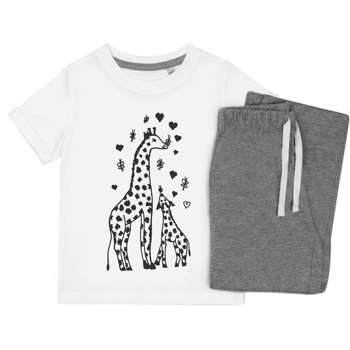 'Giraffe Mother & Calf' Kids Cotton Pyjama Set – Comfortable Children's Nightwear, Sleepwear and Loungewear -  Unisex for Boys and Girls – Grey (KP038023)