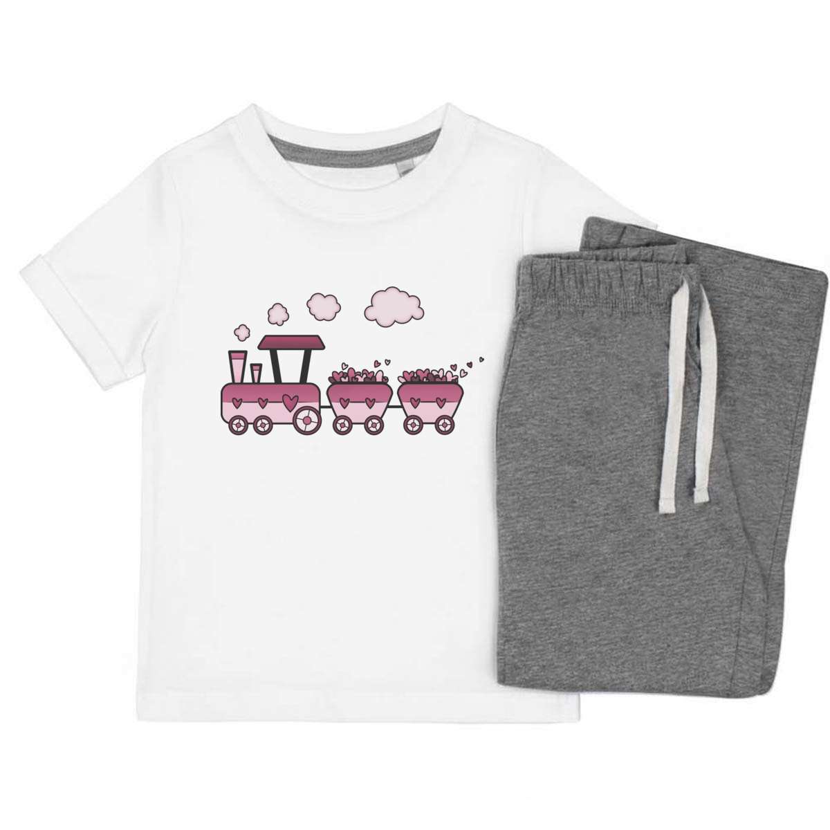 'Love Train' Kids Cotton Pyjama Set – Comfortable Children's Nightwear, Sleepwear and Loungewear -  Unisex for Boys and Girls – Grey (KP038711)