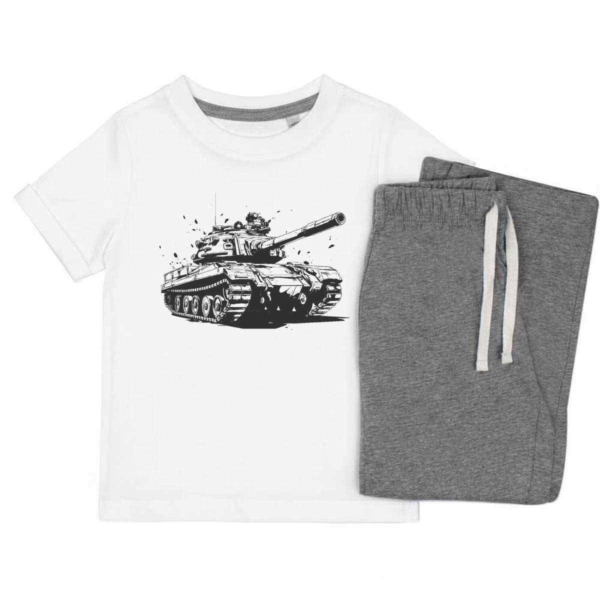 'Army tank' Kids Cotton Pyjama Set – Comfortable Children's Nightwear, Sleepwear and Loungewear -  Unisex for Boys and Girls - Grey, 3-4 Years (KP00126466)
