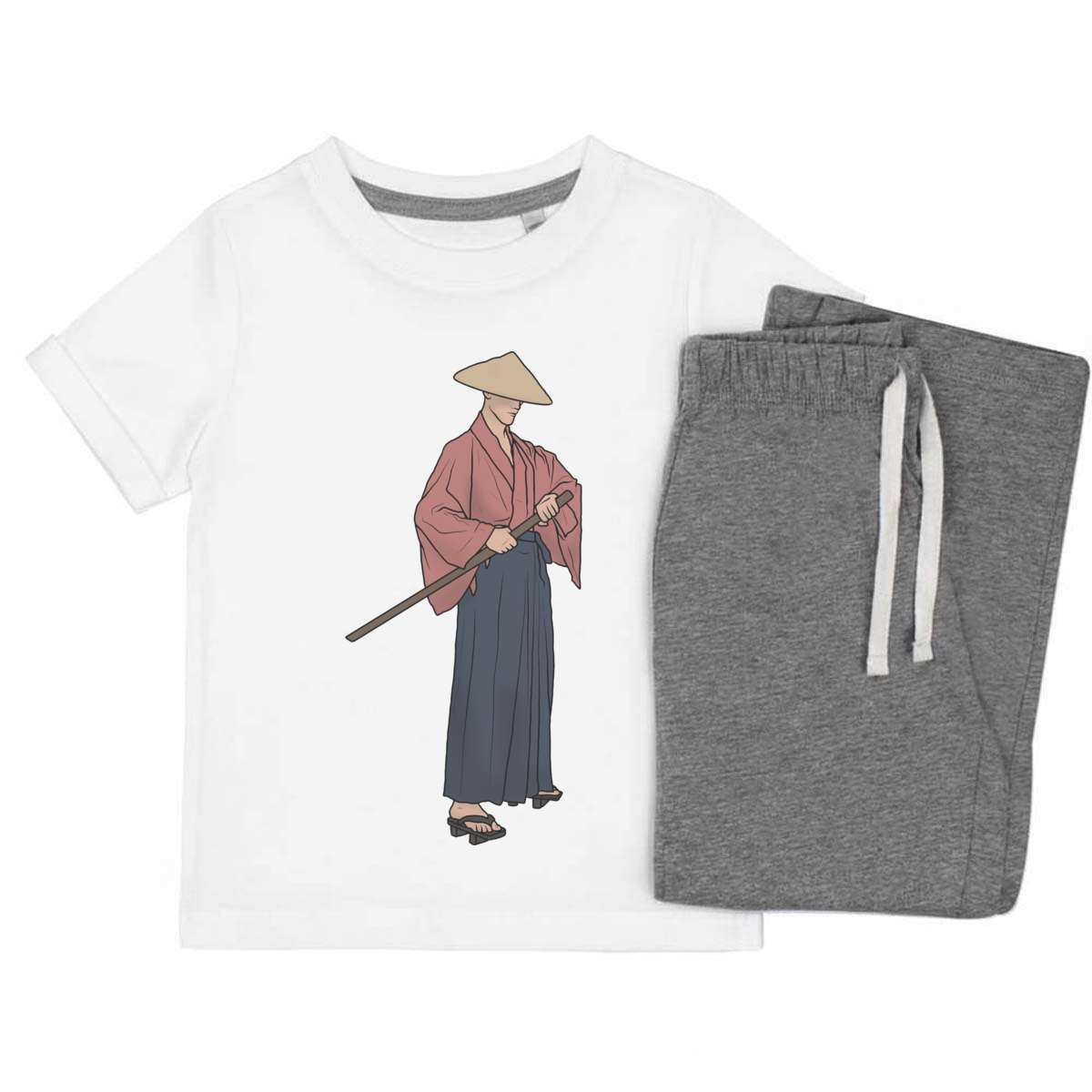 'Japanese Samurai' Kids Cotton Pyjama Set – Comfortable Children's Nightwear, Sleepwear and Loungewear -  Unisex for Boys and Girls – Grey (KP040077)