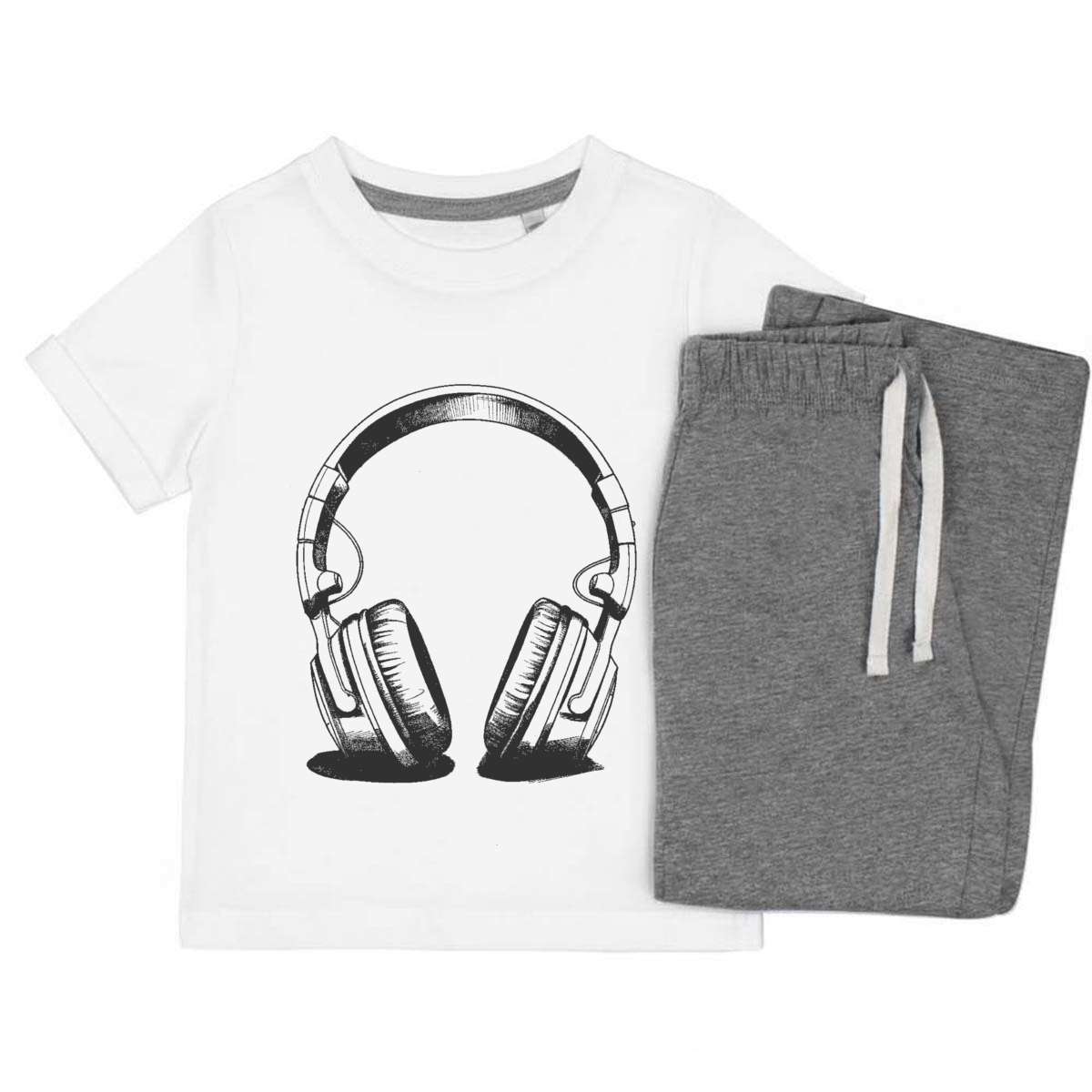 'Headphones' Kids Cotton Pyjama Set – Comfortable Children's Nightwear, Sleepwear and Loungewear -  Unisex for Boys and Girls – Grey (KP041132)