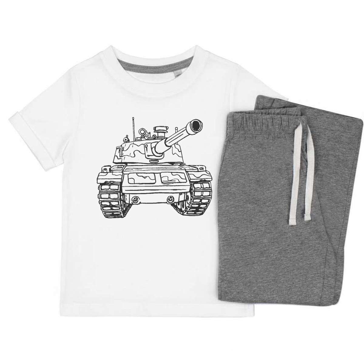 'Army Tank' Kids Cotton Pyjama Set – Comfortable Children's Nightwear, Sleepwear and Loungewear -  Unisex for Boys and Girls – Grey (KP043222)