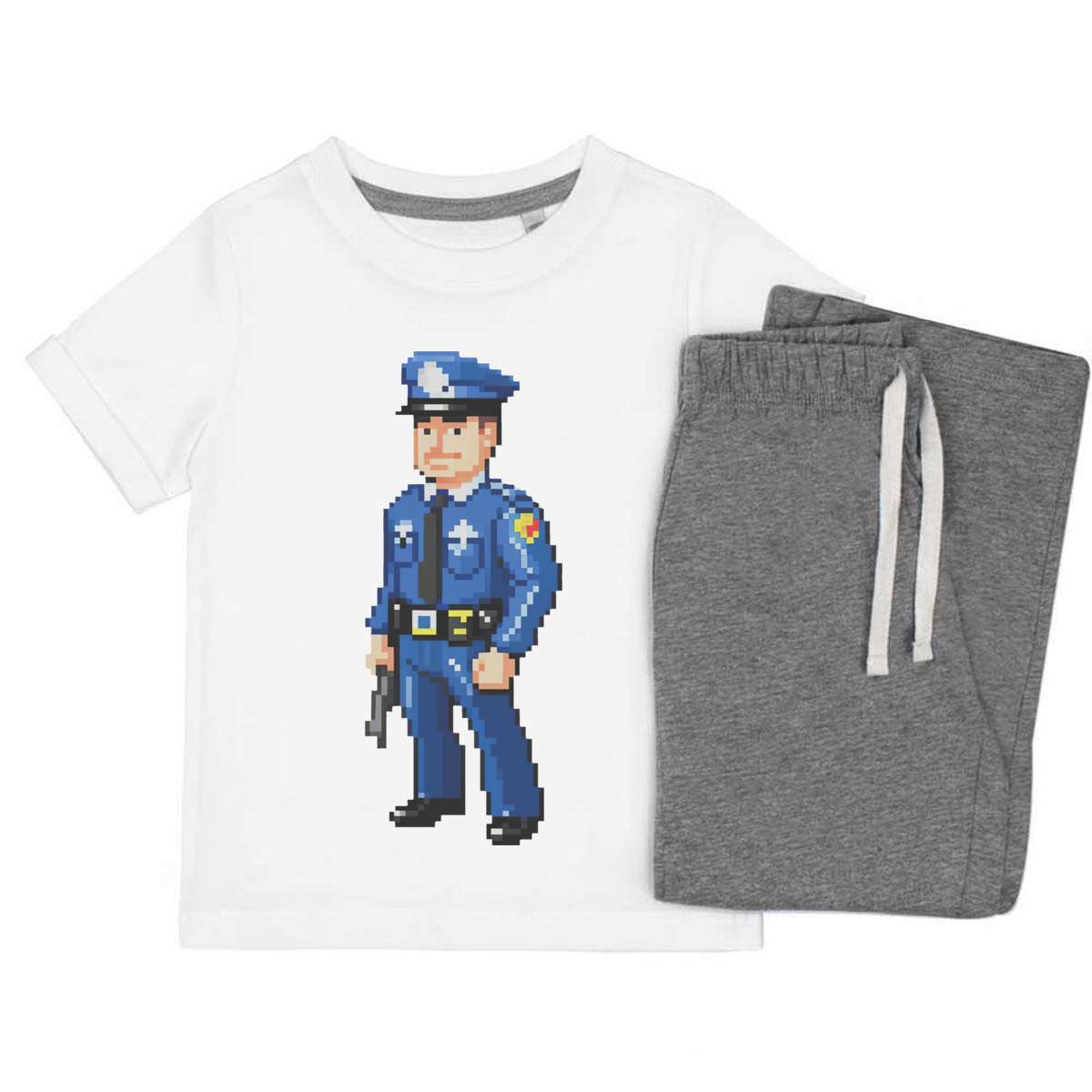 'Pixel Art Police Officer' Kids Cotton Pyjama Set – Comfortable Children's Nightwear, Sleepwear and Loungewear -  Unisex for Boys and Girls – Grey (KP043862)