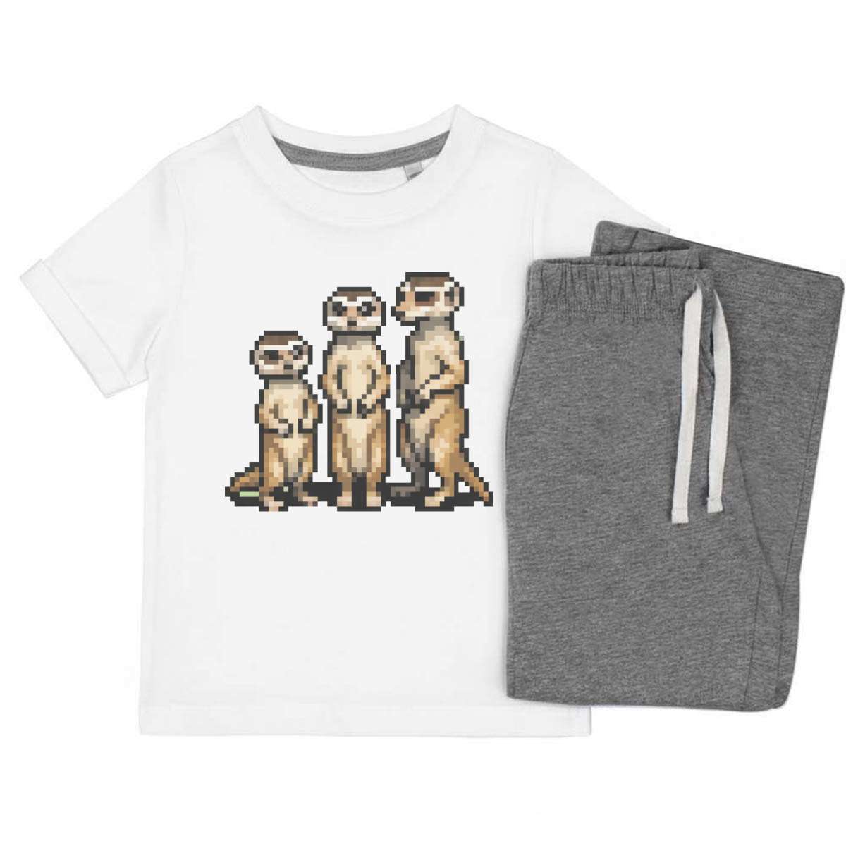'Pixel Art Meerkat Family' Kids Cotton Pyjama Set – Comfortable Children's Nightwear, Sleepwear and Loungewear -  Unisex for Boys and Girls – Grey (KP043958)