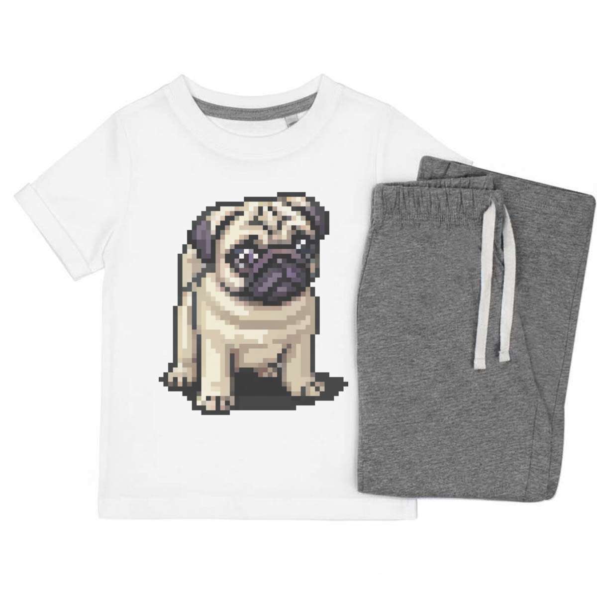 'Pixel Art Pug Puppy' Kids Cotton Pyjama Set – Comfortable Children's Nightwear, Sleepwear and Loungewear -  Unisex for Boys and Girls - Grey, 3-4 Years (KP00143429)