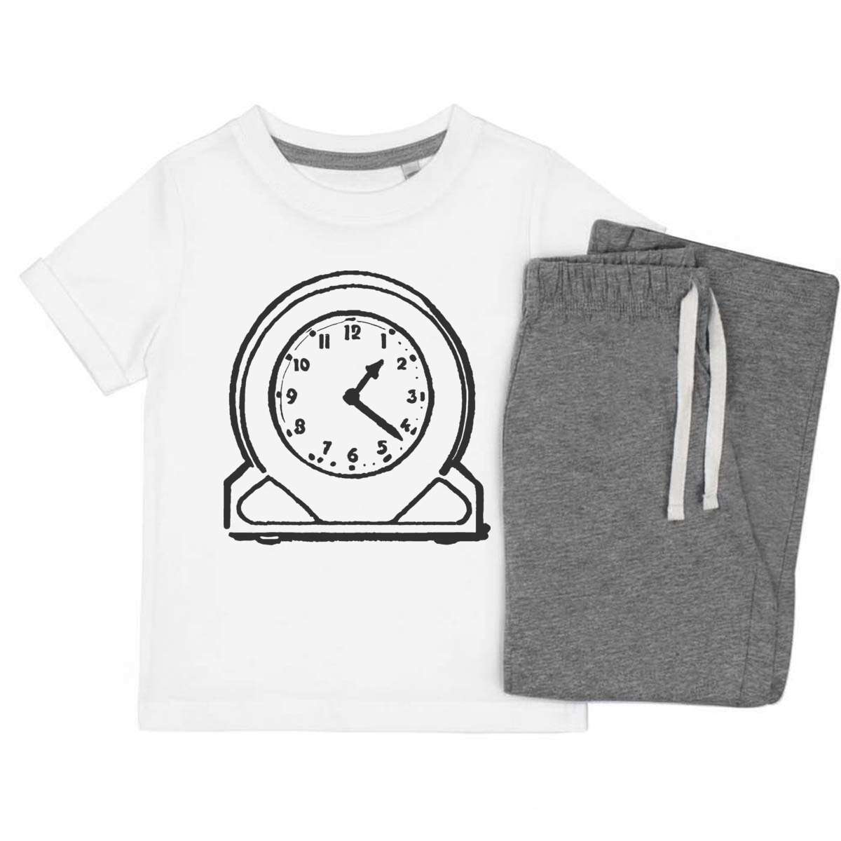 'Retro Analogue Desk Clock' Kids Cotton Pyjama Set – Comfortable Children's Nightwear, Sleepwear and Loungewear -  Unisex for Boys and Girls – Grey (KP046120)
