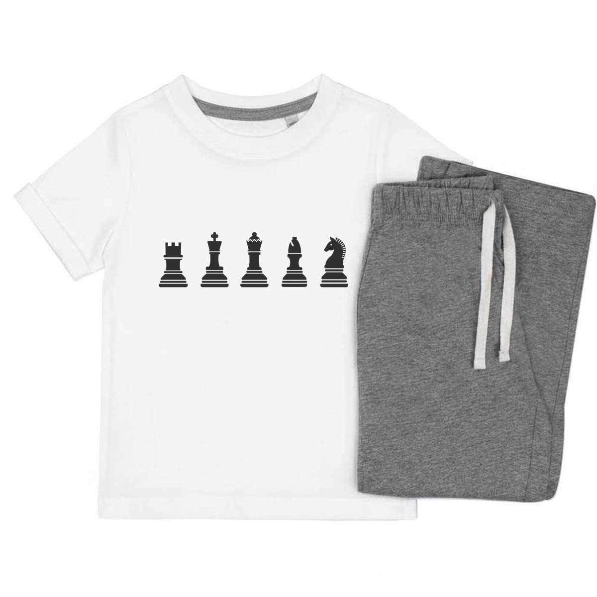 'Chess Pieces' Kids Cotton Pyjama Set – Comfortable Children's Nightwear, Sleepwear and Loungewear -  Unisex for Boys and Girls – Grey (KP046689)