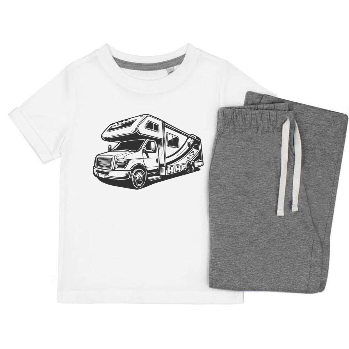 'Motor Home' Kids Cotton Pyjama Set – Comfortable Children's Nightwear, Sleepwear and Loungewear -  Unisex for Boys and Girls – Grey (KP047687)