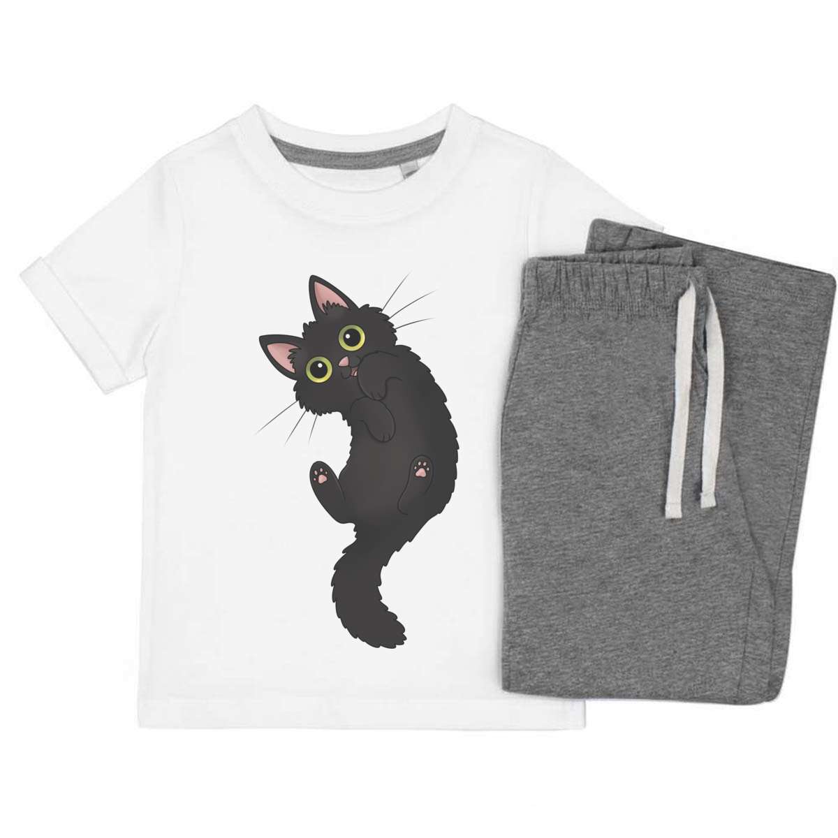 'Rolling Black Cat' Kids Cotton Pyjama Set – Comfortable Children's Nightwear, Sleepwear and Loungewear -  Unisex for Boys and Girls – Grey (KP048093)