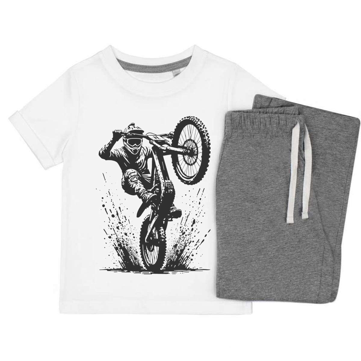 'Muddy Mountain Bike Wheelie' Kids Cotton Pyjama Set – Comfortable Children's Nightwear, Sleepwear and Loungewear -  Unisex for Boys and Girls - Grey, 3-4 Years (KP00157317)